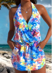 Blue High Waisted Fake 2in1 Tankini Set