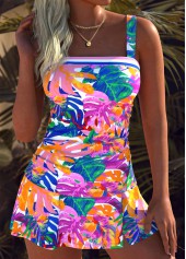 Multi Color Mid Waisted Leaf Print Tankini Set