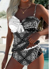 Black Mid Waisted Frill Paisley Print Tankini Set