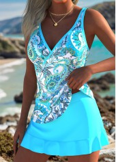 Cyan Mid Waisted Ruffle Leaf Print Tankini Set | thumb picture 