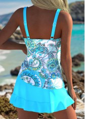 Cyan Mid Waisted Ruffle Leaf Print Tankini Set | thumb picture 