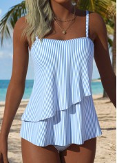 Light Blue Mid Waisted Layered Striped Tankini Set