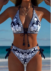 Mid Waisted Floral Print Navy Bikini Set