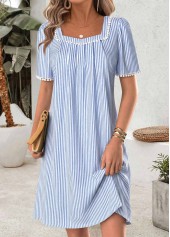 Light Blue Striped Short Tummy Coverage Boat Neck Dress