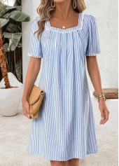 Light Blue Striped Short Tummy Coverage Boat Neck Dress | thumb picture 