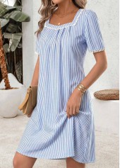 Light Blue Striped Short Tummy Coverage Boat Neck Dress | thumb picture 