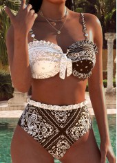 Dark Coffee Mid Waisted Patchwork Tribal Print Bikini Set | thumb picture 