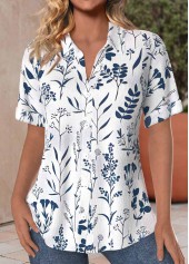 Navy Leaf Print Tummy Coverage Short Sleeve Blouse