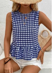 Navy Plaid Patchwork Sleeveless Round Neck Tank Top