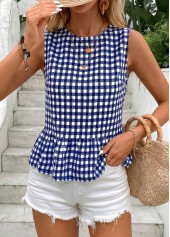 Navy Plaid Patchwork Sleeveless Round Neck Tank Top | thumb picture 