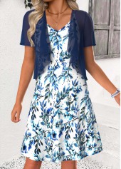 Blue Leaf Print Tummy Coverage Short Sleeve Dress