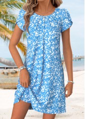 Blue Ditsy Floral Print Short Tuck Stitch Dress