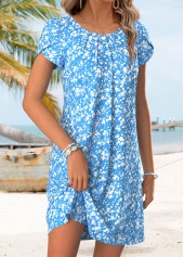 Blue Ditsy Floral Print Short Tuck Stitch Dress | thumb picture 