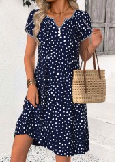 Navy Polka Dot Short Tuck Stitch Split Neck Dress