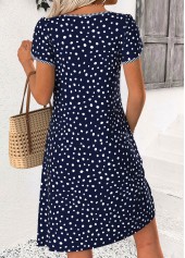 Navy Polka Dot Short Tuck Stitch Split Neck Dress | thumb picture 