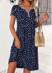 Navy Polka Dot Short Tuck Stitch Split Neck Dress | thumb picture 