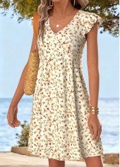 Beige Ditsy Floral Print Short Shirred V Neck Dress | thumb picture 