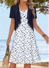 White Ditsy Floral Print Tummy Coverage Dress and Cardigan
