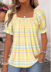 Yellow Plaid Curved Hem Short Sleeve Square Neck Blouse