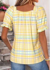 Yellow Plaid Curved Hem Short Sleeve Square Neck Blouse | thumb picture 
