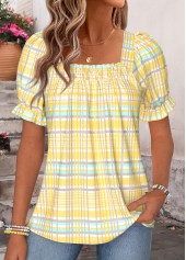 Yellow Plaid Curved Hem Short Sleeve Square Neck Blouse | thumb picture 
