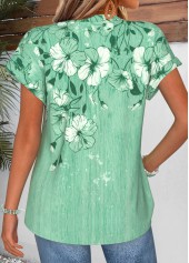 Green Floral Print Curved Hem Short Sleeve Blouse | thumb picture 