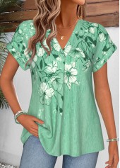 Green Floral Print Curved Hem Short Sleeve Blouse | thumb picture 