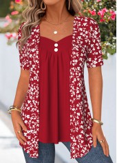 Red Ditsy Floral Print Fake Two Piece Twinset