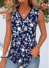 Navy Floral Print Patchwork Sleeveless V Neck Tank Top