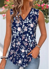 Navy Floral Print Patchwork Sleeveless V Neck Tank Top | thumb picture 