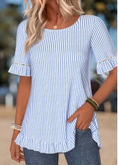 Blue Striped Frill Short Sleeve Round Neck T Shirt | thumb picture 
