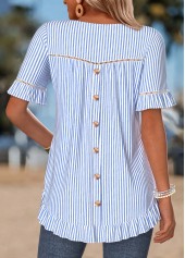 Blue Striped Frill Short Sleeve Round Neck T Shirt