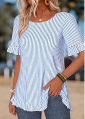 Blue Striped Frill Short Sleeve Round Neck T Shirt | thumb picture 