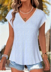 Blue Striped Bowknot Short Sleeve V Neck T Shirt | thumb picture 