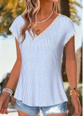 Blue Striped Bowknot Short Sleeve V Neck T Shirt | thumb picture 