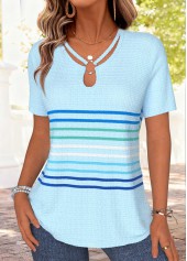 Light Blue Striped Tummy Coverage Short Sleeve T Shirt