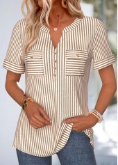 Light Coffee Striped Patch Pocket Short Sleeve Blouse