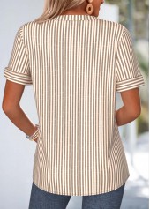 Light Coffee Striped Patch Pocket Short Sleeve Blouse | thumb picture 