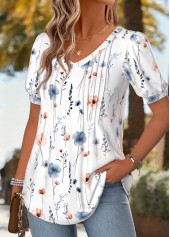 White Ditsy Floral Print Tuck Stitch T Shirt | thumb picture 