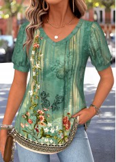 Green Random Floral Print Tuck Stitch T Shirt