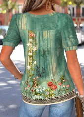 Green Random Floral Print Tuck Stitch T Shirt | thumb picture 