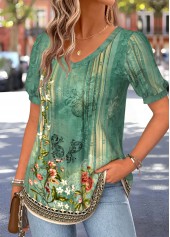 Green Random Floral Print Tuck Stitch T Shirt | thumb picture 