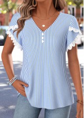 Blue Striped Curved Hem Short Sleeve T Shirt
