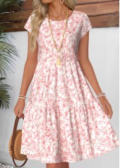 Light Pink Ditsy Floral Print Shirred Short Sleeve Dress