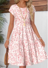 Light Pink Ditsy Floral Print Shirred Short Sleeve Dress | thumb picture 