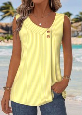 Yellow Striped Patchwork Sleeveless Asymmetrical Neck Tank Top