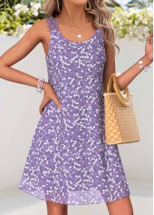Light Purple Ditsy Floral Print Short Layered Sleeveless Dress