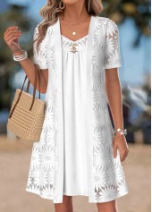 White Fake 2in1 Short Sleeve V Neck Dress