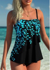 Black Mid Waisted Layered Leaf Print Tankini Set