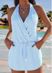 Light Blue Surplice Striped One Piece Swimdress
